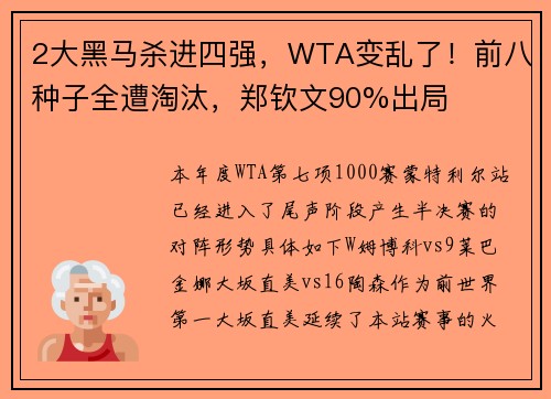 2大黑马杀进四强，WTA变乱了！前八种子全遭淘汰，郑钦文90%出局